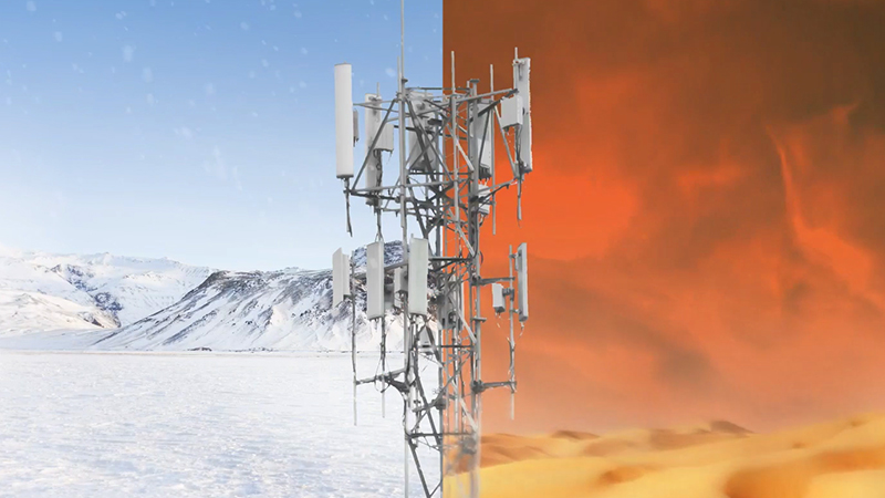 Split screen of a 5G tower in cold and hot weather showing the temperature extremes resistance