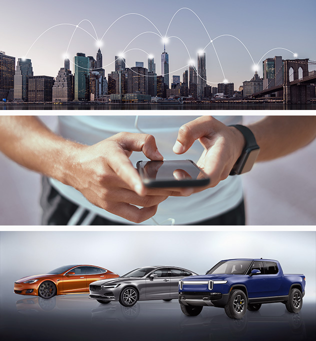 Collage: city skyline symbolic communications connection; smartwatch on a man's wrist while using a smart phone; sports and electric cars