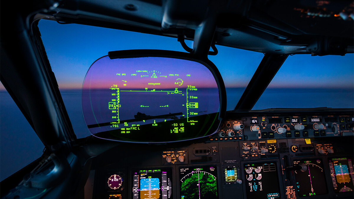 Commercial Jet cockpit with digital heads up display