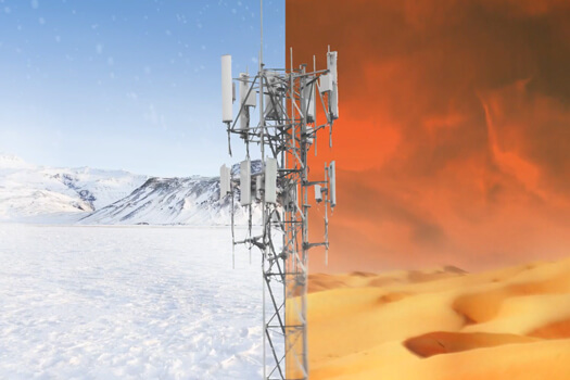 Split screen of a 5G tower in cold and hot weather showing the temperature extremes resistance