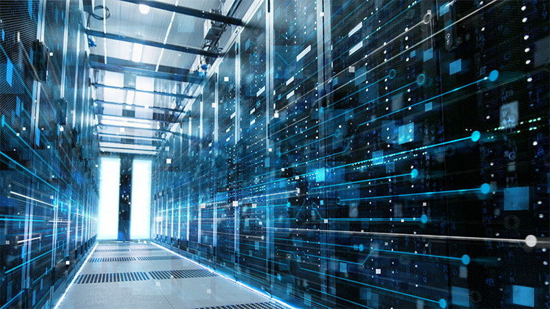 Shot of a Working Data Center With Rows of Rack Servers Connected with LAN Connection Visualisation Lines