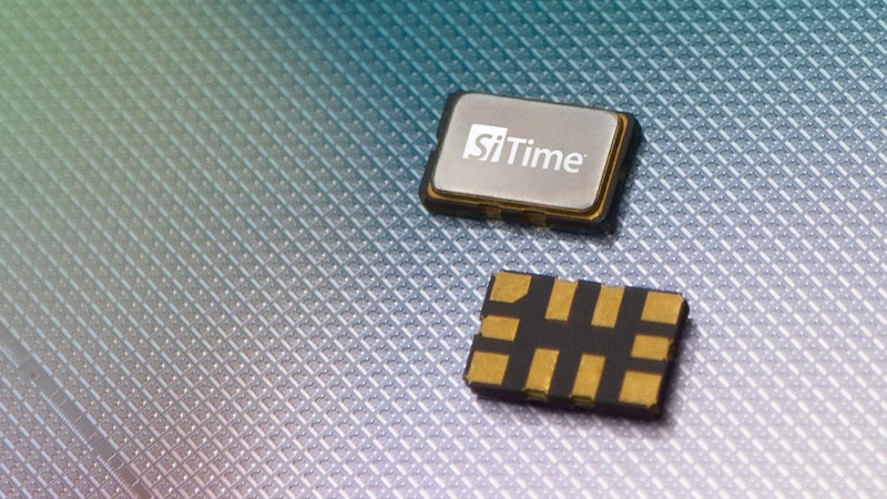 Elite RF parts with SiTime logo on silicon wafer background