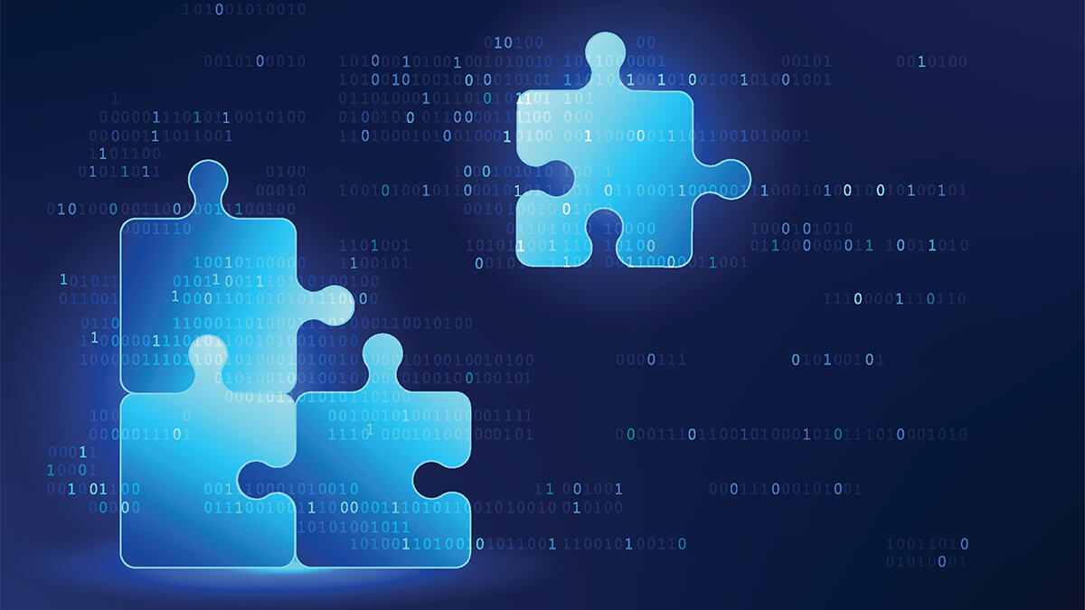 Numerical code and jigsaw technology represents the development of software systems, coding and technical problem solving, as well as the connection and processing of information in the digital world