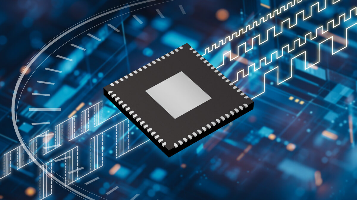 Precision timing semiconductor chip with waveform and clock signal graphics shown against a digital, tech-themed background with circuit-like patterns