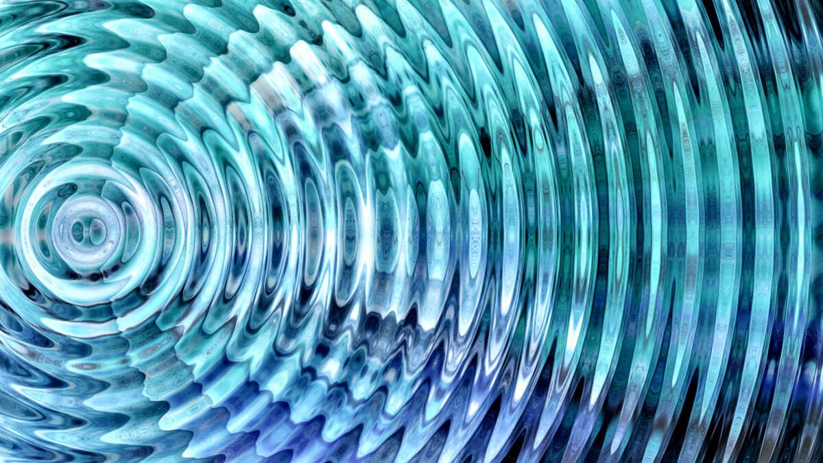 Abstract blue and turquoise concentric ripples radiate outward like sound waves, creating a hypnotic watery tunnel effect with shimmering highlights