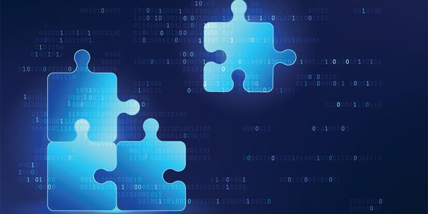 Numerical code and jigsaw technology represents the development of software systems, coding and technical problem solving, as well as the connection and processing of information in the digital world
