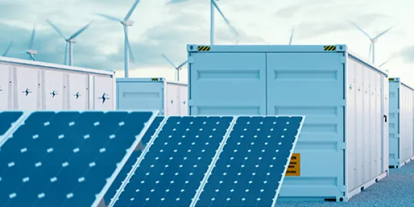 Battery storage power station accompanied by solar and wind turbine power plants