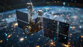 A satellite is orbiting Earth, equipped with solar panels and observation instruments, capturing breathtaking nighttime views of the planet's illuminated surface and the vastness of space