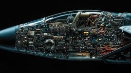 Transparent fighter jet cockpit revealing internal circuitry and wires.