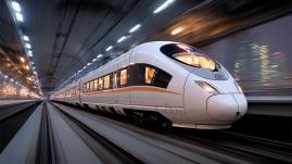 High-Speed Modern Bullet Train Moving Through Urban Tunnel with Motion Blur and City Lights Reflection