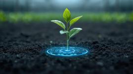 Precision agriculture with sensors embedded in the soil for optimal irrigation. Green plant sprouting from soil with real-time holographic growth monitoring interface
