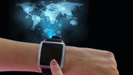 Smartwatch with message icons and a world map