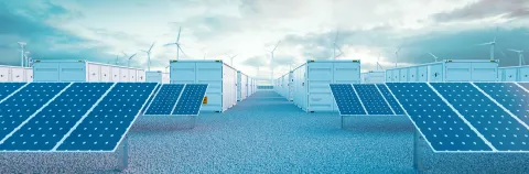 Battery storage power station accompanied by solar and wind turbine power plants