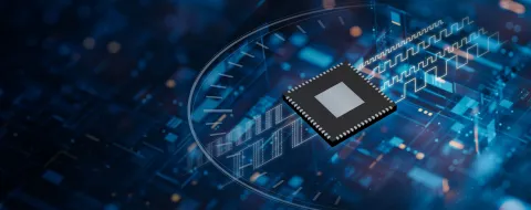 Precision timing semiconductor chip with waveform and clock signal graphics shown against a digital, tech-themed background with circuit-like patterns