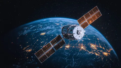 A satellite orbiting the earth above glowing city view at night
