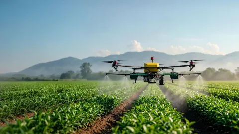 A farm drone sprays medicine on farmland