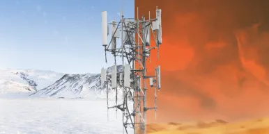 Split screen of a 5G tower in cold and hot weather showing the temperature extremes resistance
