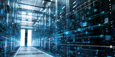 Shot of a Working Data Center With Rows of Rack Servers Connected with LAN Connection Visualisation Lines
