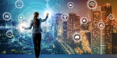 Young business person and graphical user interface concept. Artificial Intelligence. Internet of Things. Information Communication Technology. Smart City. Digital transformation