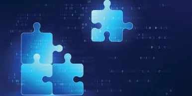 Numerical code and jigsaw technology represents the development of software systems, coding and technical problem solving, as well as the connection and processing of information in the digital world